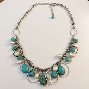Park Lane Cabo necklace turquoise and freshwater pearls. Silver‎ tone. 16-19"